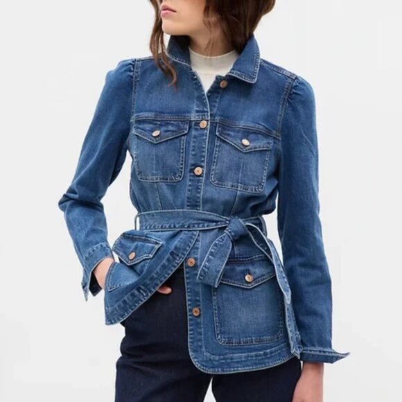 GAP Jackets & Blazers - GAP Women's Belted Puff Sleeve Medium Indigo Denim Jacket M NEW